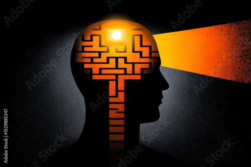Creative Mind Concept Head with Maze Brain and Light