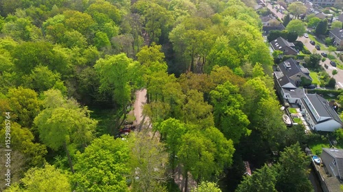 Aerial view of a peaceful residential area with large homes, lush private gardens, manicured lawns, and mature trees along a quiet road in a green suburban setting.
