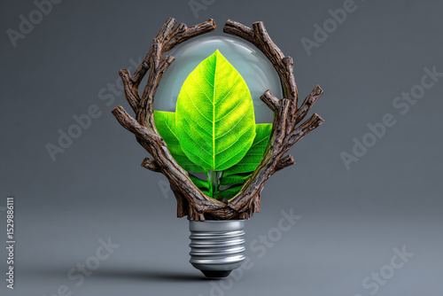 Green Leaf Growing in Light Bulb with Branch Frame on Gray Background