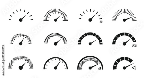 Various Types of Speedometer Indicators and Gauges Showing Performance in Different Graphic Styles