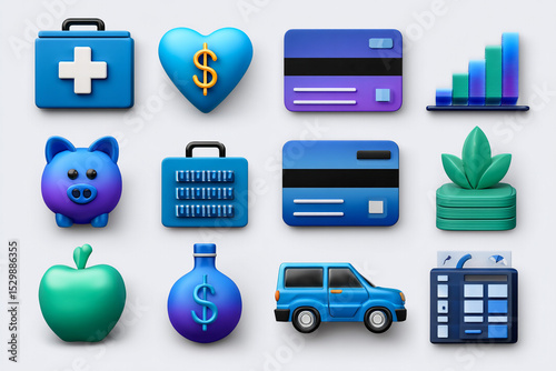 Financial Planning Icon Set 3d Render on White Background