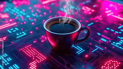 Wallpaper Mural A dark coffee cup steaming on a neon circuit board. Torontodigital.ca