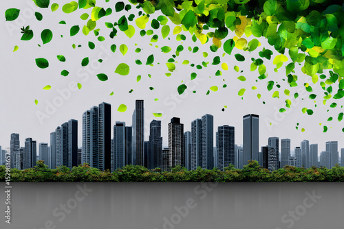 City Skyline with Green Leaves Urban Nature Concept