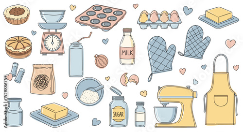 Baking Ingredients and Utensils Arranged in a Colorful and Playful Vector Illustration