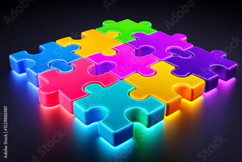 Colorful Puzzle Pieces Forming a Square Shape on Dark Background
