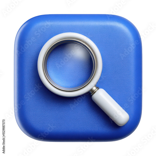 3d blue square with magnifying glass isolated on transparent background