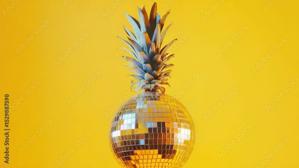 A pineapple sits atop a shiny disco ball