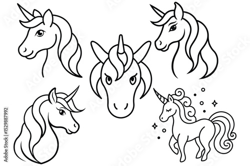 set of line art  of Unicorn face