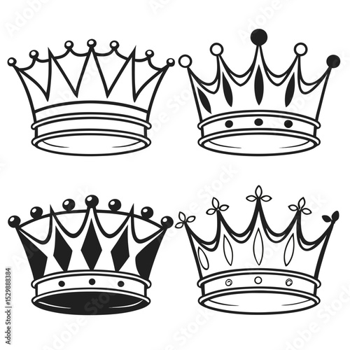 Four Black and White Crown Illustrations for Royalty and Design Projects
