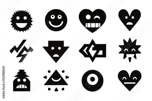 Black and White Emotion Icon Set on White Background