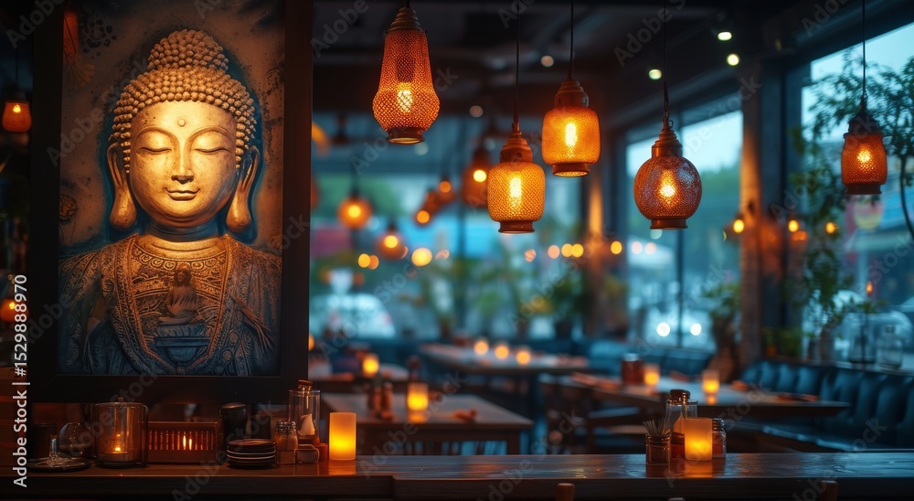 Fototapeta premium A calming Buddha statue is combined with warm lighting and decorative lanterns in a cozy restaurant setting, inviting reflection and tranquility for patrons enjoying their meals.