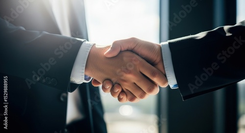 A close up shot of two business professionals shaking hands in a bright and modern office space setting