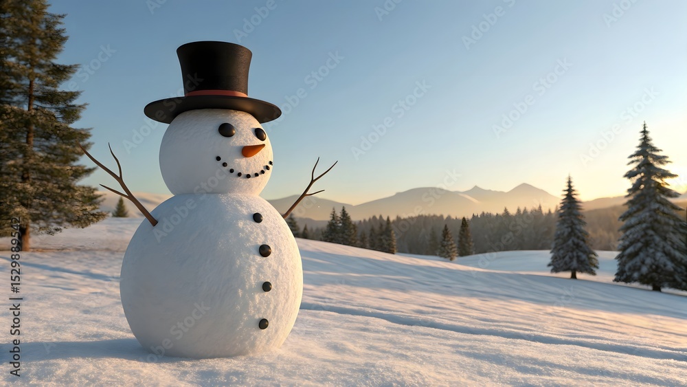 Obraz premium Charming Snowman with Top Hat in a Snowy Winter Landscape at Sunset