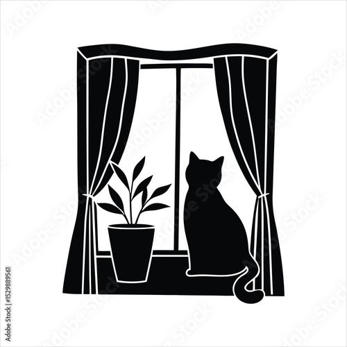Cat Sitting on Window with Curtains Line Art
