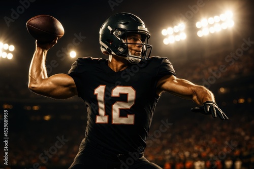 Dynamic American football quarterback throwing touchdown pass in stadium lights