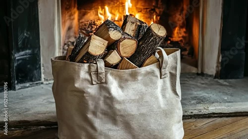 Wallpaper Mural Light beige fabric tote bag filled with firewood in front of a fireplace Torontodigital.ca