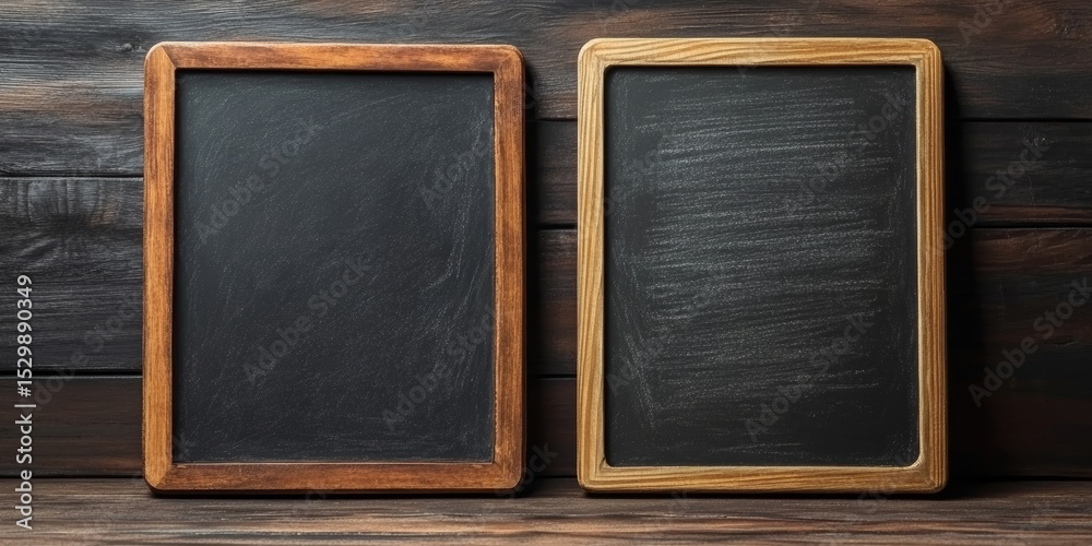 Fototapeta premium Two empty black chalkboards with wooden frames placed on a rustic wooden table, perfect for writing messages or lessons