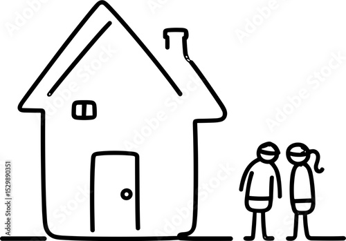 Two stick figures standing by house in simple line art style  
