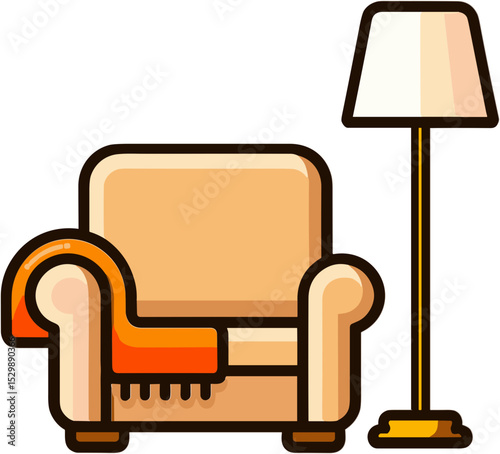 Cozy armchair with orange blanket next to lamp in living room decor  
