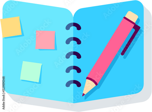 Open notebook with sticky notes and a pink pen on a blue background  