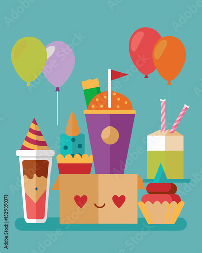 A birthday party with individually wrapped singleserving snacks and plastic utensils.. Vector illustration