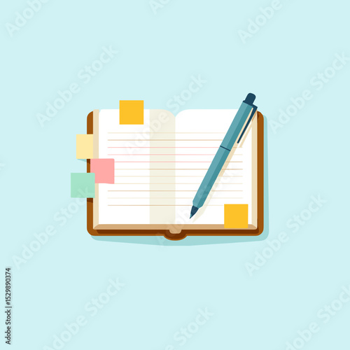 Open notebook with colorful sticky notes and pen on blue background  