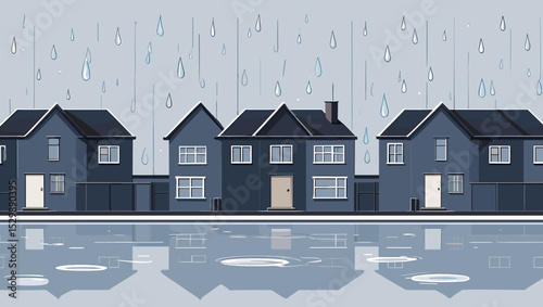 Rainy neighborhood scene with blue houses and falling droplets  
