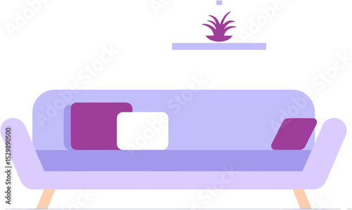 Modern sofa with purple cushions and plant on shelf above  