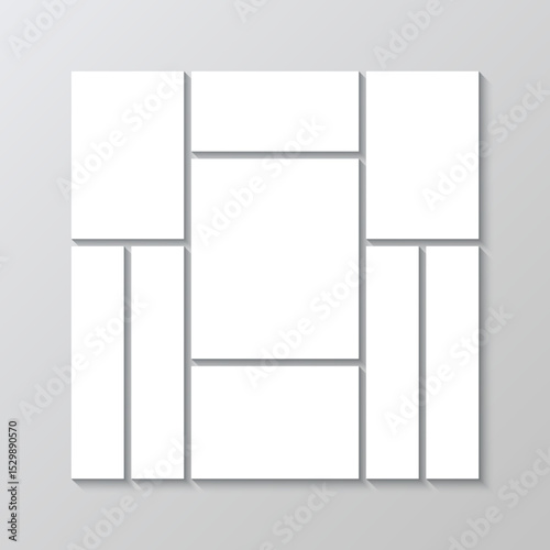 Moodboard picture frame. Album brandboard. Images mosaic mockup. Scrapbook collage. Photo grid template. Portfolio gallery layout. Mood board square banner. Vector illustration