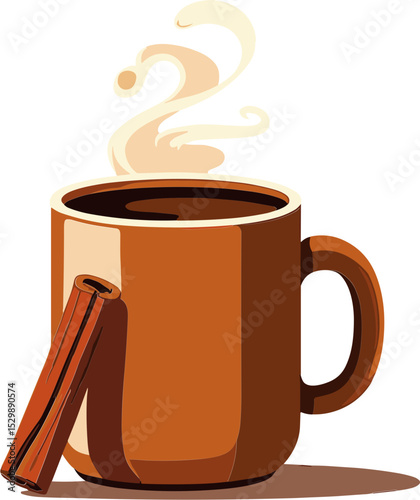 Hot coffee cup with steam and cinnamon stick on the side  