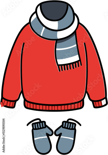 Red sweater with gray scarf and mittens in a flat design  