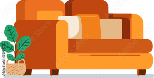 Cozy orange sofa with cushions and potted plant beside it  