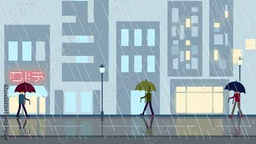 People walking with umbrellas in rainy urban environment  