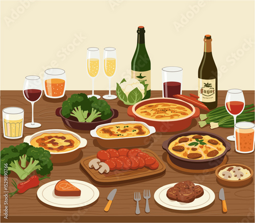 Festive dining table with various dishes and drinks for celebration  