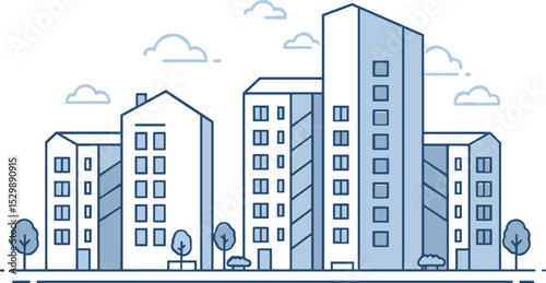 Outline of modern apartment buildings with trees and clouds in blue