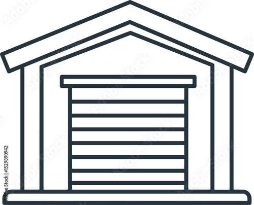 Outline of a garage with a closed rolling door and roof design  