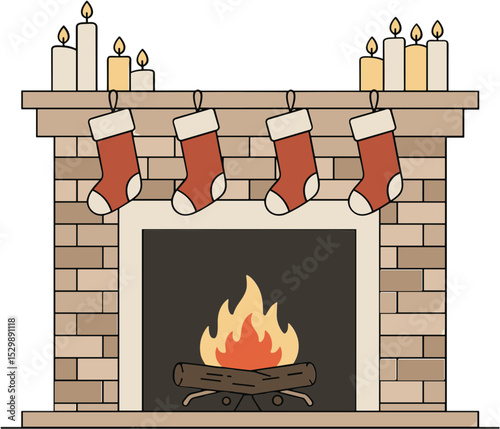 Cozy fireplace with stockings and candles during Christmas season  
