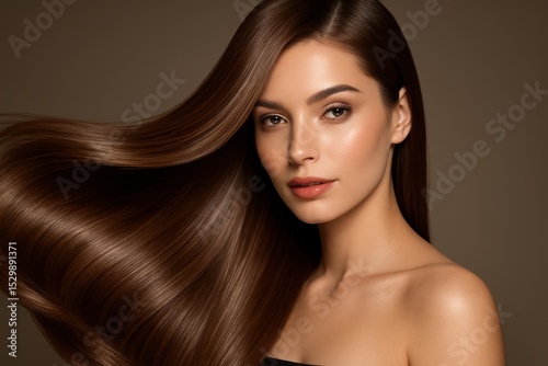 Glamorous woman with silky chocolate brown hair flowing in slow motion