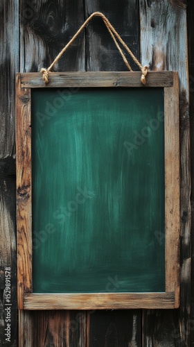 A blank green chalkboard with a wooden frame is suspended against a weathered wooden wall, perfect for teaching or art display