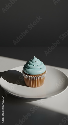 Minimal cupcake on a plate with harsh shadows, artistic styling, modern photography look