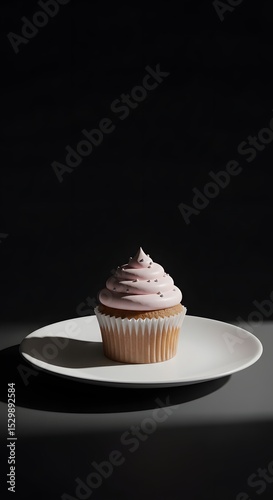 Minimal cupcake on a plate with harsh shadows, artistic styling, modern photography look