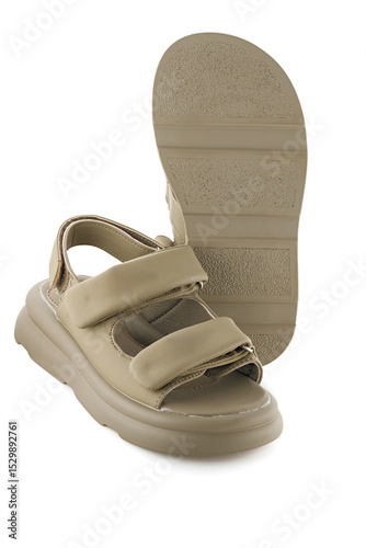 Pair of stylish flip-flops. Women leather sandals isolated on white background