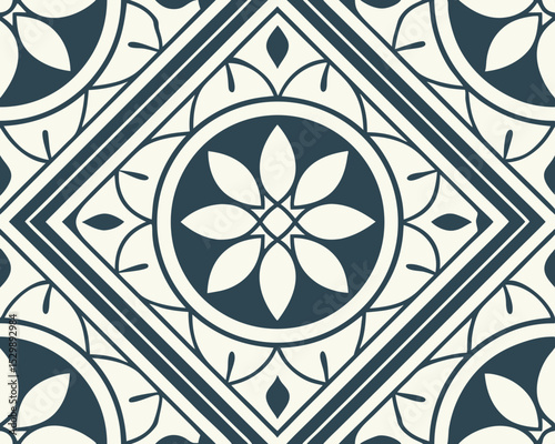 Seamless navy blue and white floral tile pattern