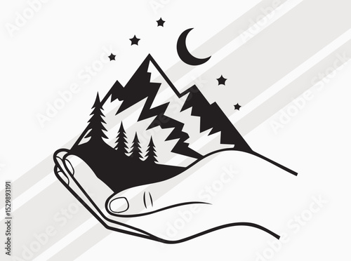 Hand Holding Trees and Mountains Illustration Representing Nature Protection and Environmental Conservation Message