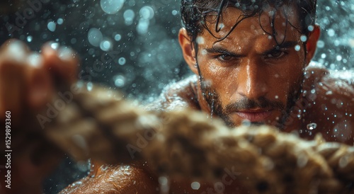 A determined man exerts strength while gripping a rope, water splashing around him, epitomizing focus, resilience, and the power of human spirit against nature's elements.