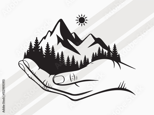 Hand Holding Trees and Mountains Illustration Representing Nature Protection and Environmental Conservation Message