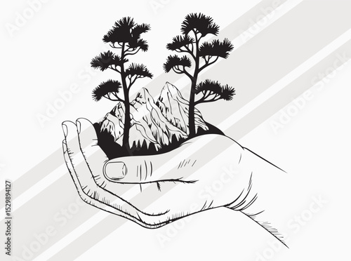 Hand Holding Trees and Mountains Illustration Representing Nature Protection and Environmental Conservation Message