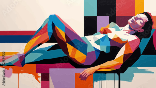 Abstract Female Body in Colorful Cubist Style