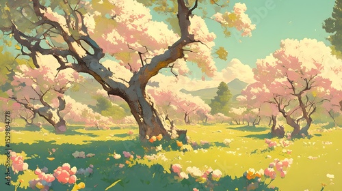 Idyllic Spring Landscape with Cherry Blossoms and Mountain View Under Blue Sky – Nature Fantasy Art Background
