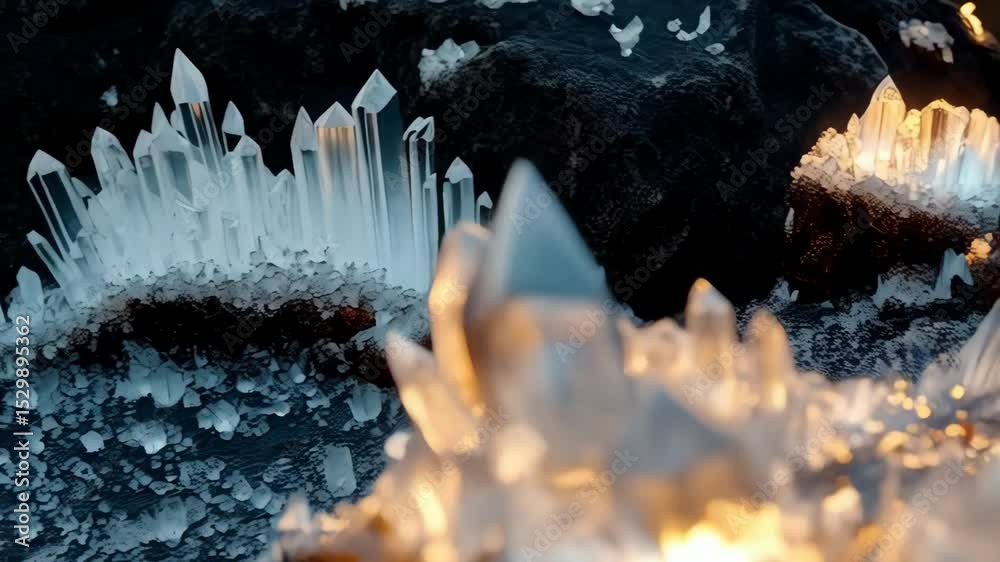 Close-up of sparkling quartz crystals with light shining through, growing from a dark mineral matrix in a geological formation.